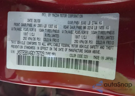 2009 Mazda Cx-9 Sport из США, поврежденный, VIN JM3TB38V490179723